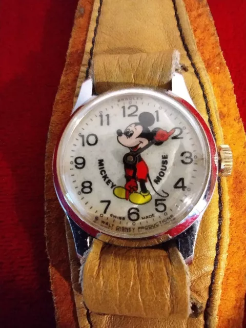 Vintage Bradley Swiss  Made MICKEY MOUSE watch. With Rare Brown Leather Band!!