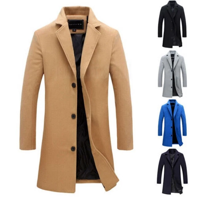 Mens Trench Long Jacket Coat  Lapel Neck Outwear Wool Overcoat Cardigan Overcoat