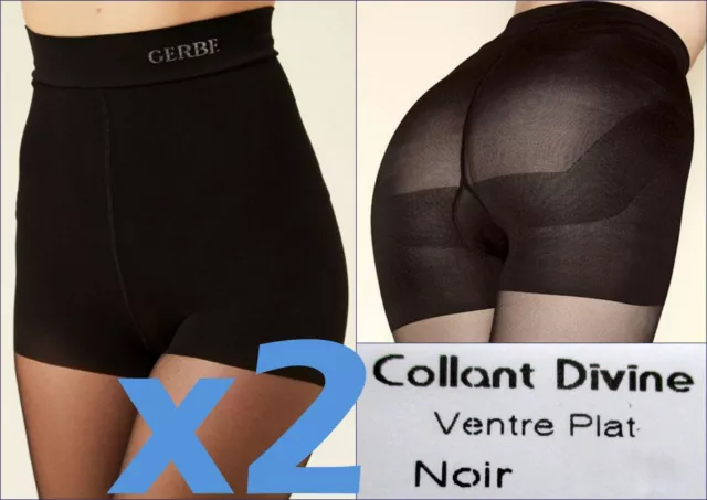 Neufs. GERBE. Lot de 2 Collants Ventre plat "DIVINE". Taille 2. Noir. 20 deniers