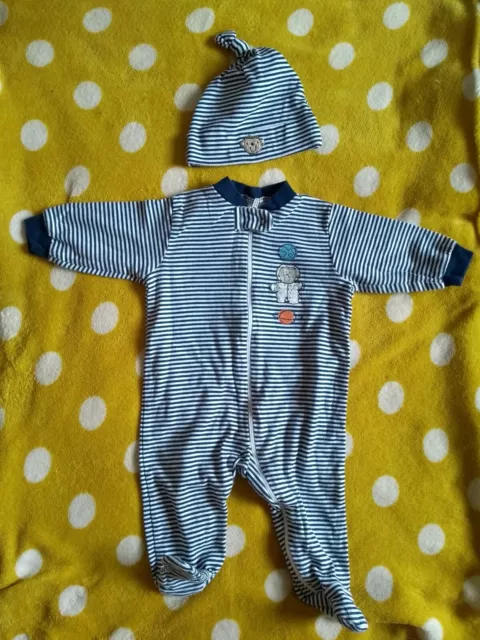 0-3 Months Navy/ White Striped Gerber Babygrow With Matching Hat