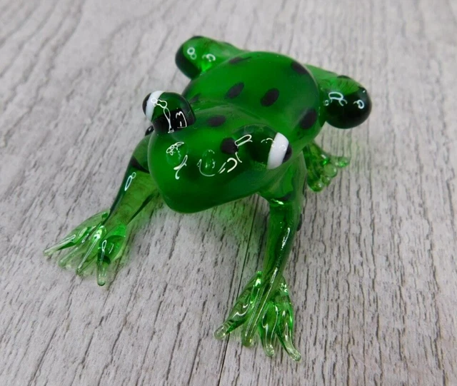 Vintage Glass Cute Adorable Green Spotted Frog Figurine Posed Home Decor 2 Inch