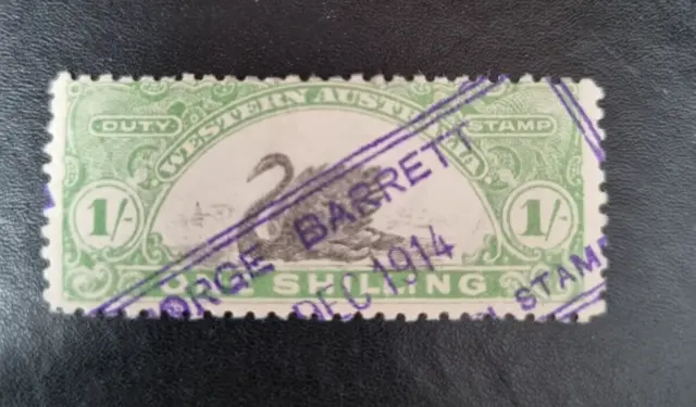 1909 Western Australia WA Swan Revenue Stamp Duty 1/- Green Perf 11
