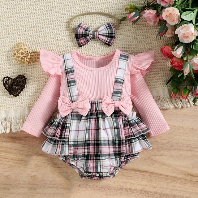Newborn Baby Girls Romper Dress Long Sleeve Ruffle Check Bow Outfit Headband Set