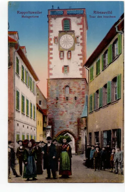 RIBEAUVILLE - Alsace - Haut Rhin - CPA 68 - La tour des Bouchers animée