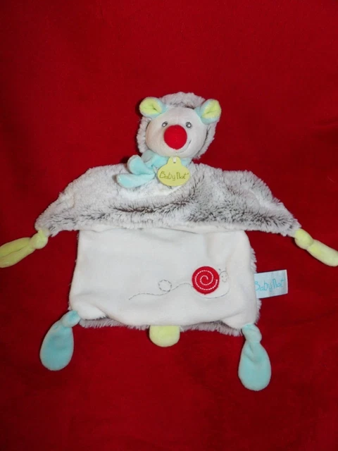 Doudou Plat Gaston le Hérisson Babynat Gris Blanc Escargot Nez Rouge
