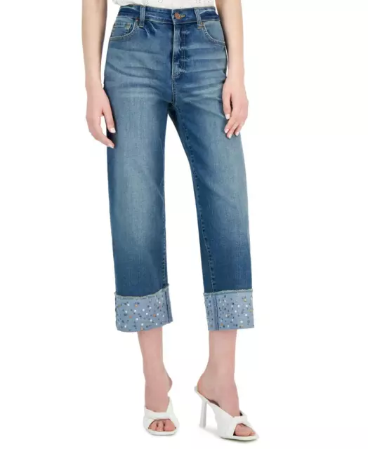 $80 Inc International Concepts High Rise Embellished Crop Wide Leg-Jeans Blue 4