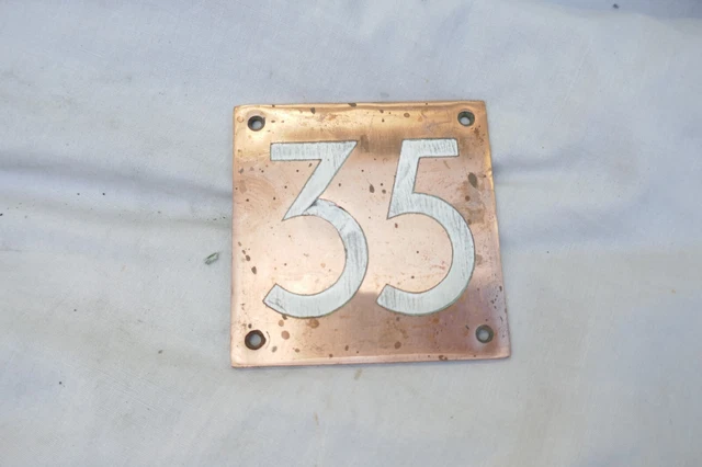Antique Authentic Door number 35 Patinated Bronze Plate Inset Enamel 3X3" 1900s