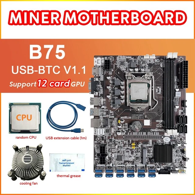 B75 12 Card Mining Motherboard+CPU+Cooling Fan+Thermal Grease+USB Extension Y2S2