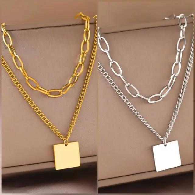Edelstahl Quadrat Doppel Halskette Gold Schmuck Frauen Damen Anhänger Kette