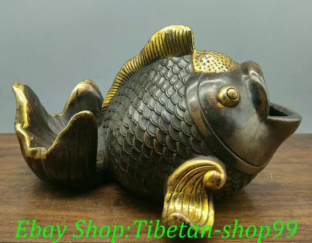 6" Old Chinese Dynasty Marked Bronze Gilt Fengshui Fish Goldfish Animal Statue