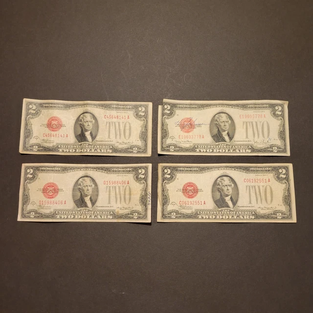 Lot of 4 1928 $2 Red Seal U.S. Notes. Circulated Condition but Crisp