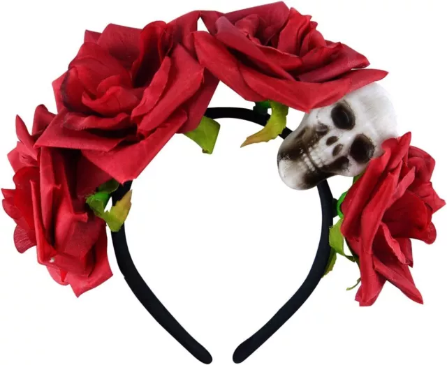 New Girls Red Rose Skull Crown Headband Day Of The Dead Ladies  Flower Headpiece