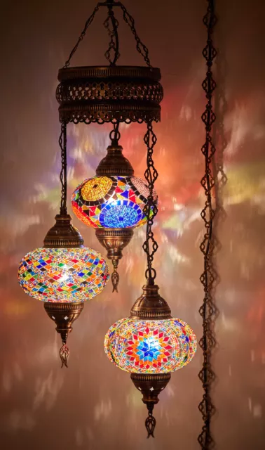 PLUG IN 3 Globe Turkish Mosaic Swag Ceiling Hanging Lamp Chandelier Light w PLUG