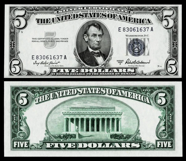 1953 A $5 Silver Certificate Note~~Crisp ~  Uncirculated