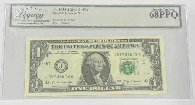 1934-J 2009 $1 FW  Federal Reserve Note Legacy Graded Superb Gem New 68PP