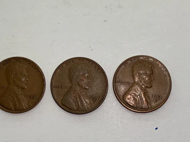 1951 Lincoln wheat cent- penny lot of 3 coins P, D and S mint coins.
