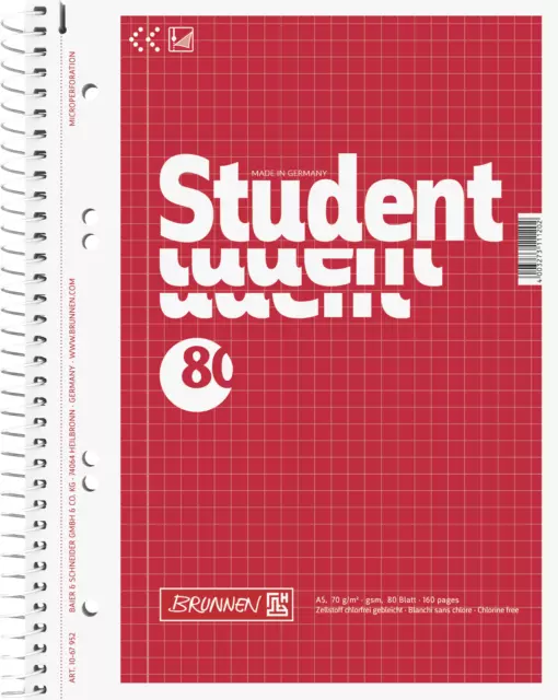 BRUNNEN Collegeblock A5 kariert 70g/m² 80 Blatt Student-Block 10-67952