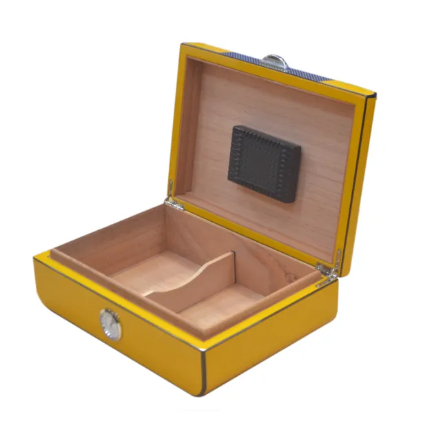 Yellow And Carbon Fiber Look Humidor 30 Cigar Size Smokers Birthday Present Gift