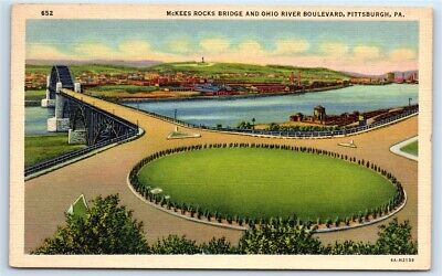Postcard McKees Rocks Bridge and Ohio River Boulevard, Pittsburgh PA linen J142