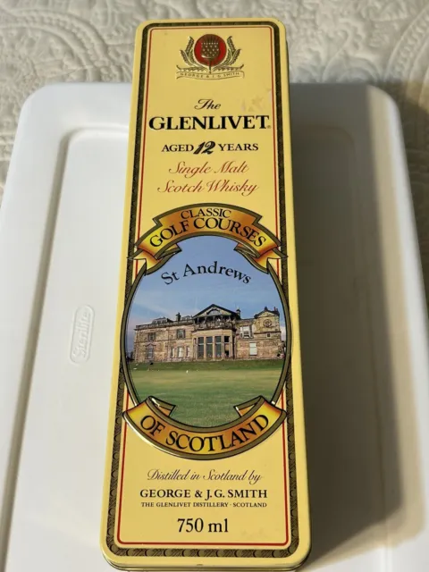 Vintage Glenlivet Scotch Tin Box + Inner Box, St Andrews GOLF Course Scotland.