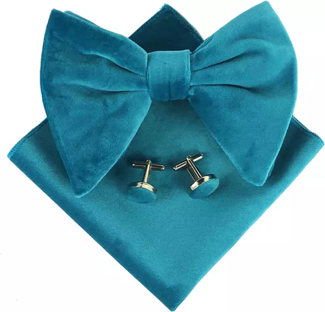 Mens Pre-Tied Oversized Bow Tie Tuxedo Velvet Bowtie Cufflinks Hankie Combo Sets