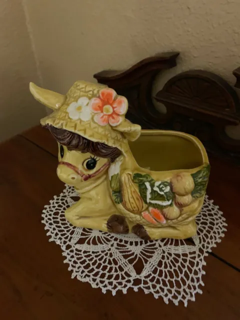 Vintage Relpo Donkey Planter 6431 Ketch Straw Hat Vegetable Basket 1960's