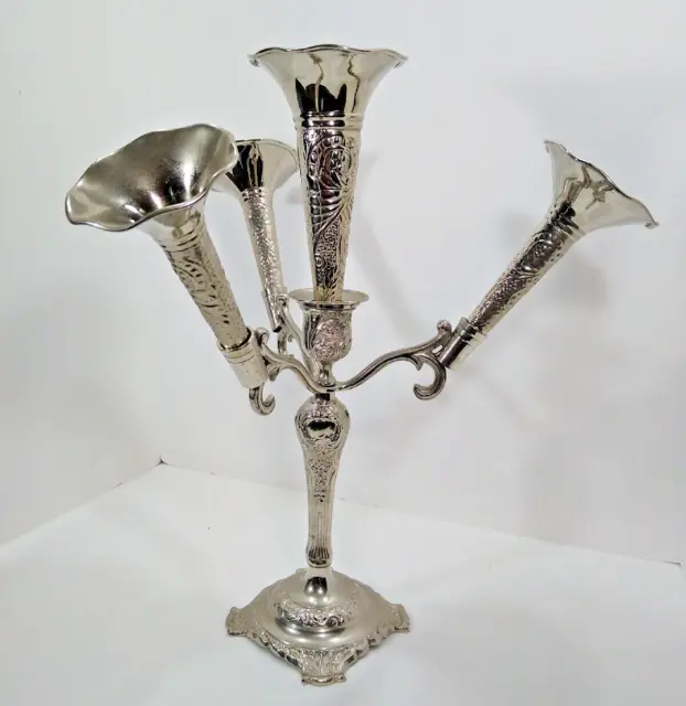 Silver Plated Vase Epergne Floral Arrangement 4 Flutes India 15" Tall x 13" Wide