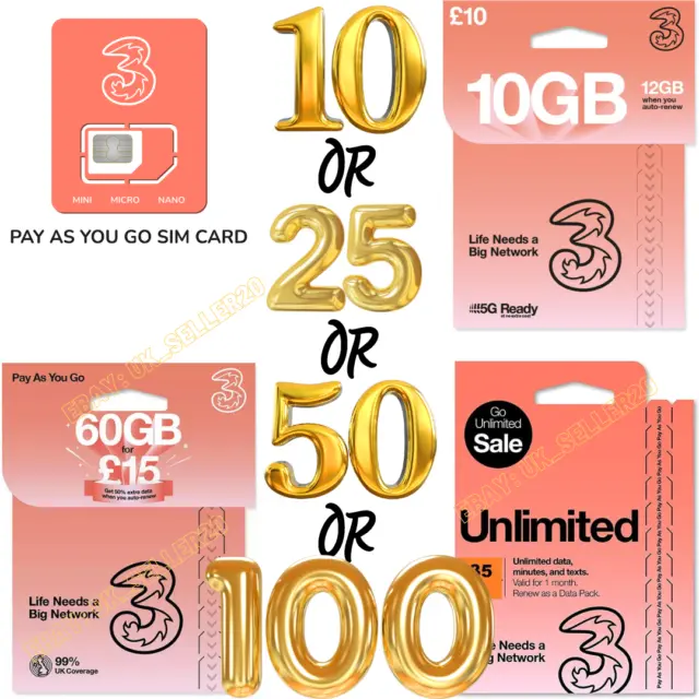 10x, 25x, 50x, or 100 x Three UK Sim Cards Brand new Pay & Go Job lot, wholesale