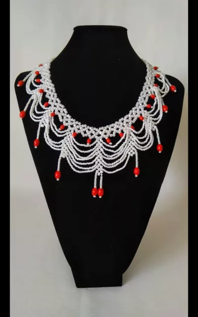 White And Red  Beaded  Necklace Handmade In Kenya