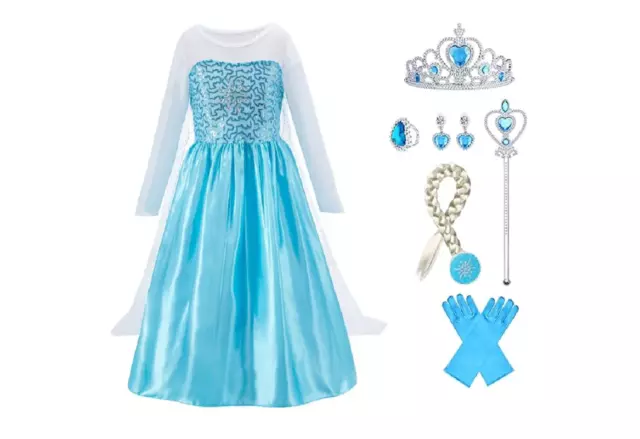 LB Princess Elsa Dress Set Girl Party Costume Fancy Outfit Crown Wand Gloves UK