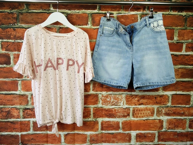 Girls Bundle Age 11 100% Next Pink Gliiet Summer Top & Blue Denim Crochet Shorts