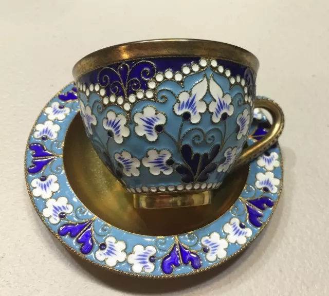 Vintage 1960’ Russian Sterling Silver 916 Enamel Cup  Plate Gold Wash Tea  Set