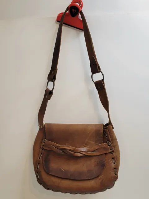 Vintage Tooled Leather Shoulder Saddle Bag Boho Hippy Handcrafted Purse 70's