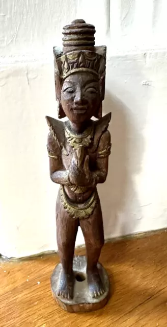 Vintage Estate Small Wood Carving Art Thai Goddess Figure Praying 6.75"