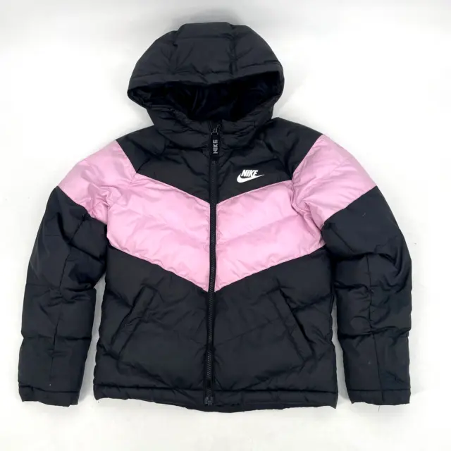 Nike Unisex Kids Black Pink Long Sleeve Hooded Full Zip Puffer Jacket Size M
