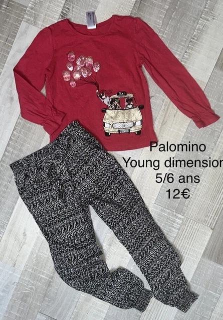 Palomino Young Dimension 6 Ans Fille : T Shirt Rose + Pantalon Fluide Noir Tbe