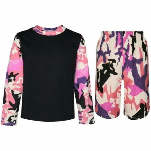 Bambine Ragazzi Tinta Unita T Shirt Top & Pantaloncini Camo Rosa Estate Vestiti