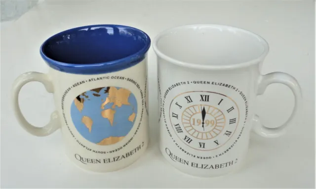 2 Vtg 1999 QE 2 Queen Elizabeth 2 Ocean Liner World Voyage Coffee Mug White Blue
