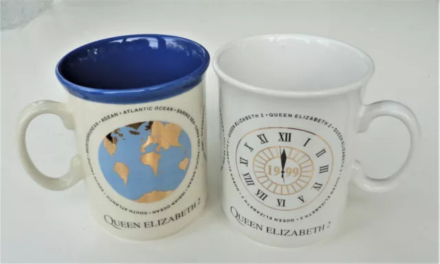 2 Vtg 1999 QE 2 Queen Elizabeth 2 Ocean Liner World Voyage Coffee Mug White Blue