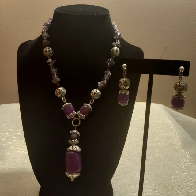 Vintage Necklace & Earring Set Silver Tone Purple Amethyst Natural Stones 18"