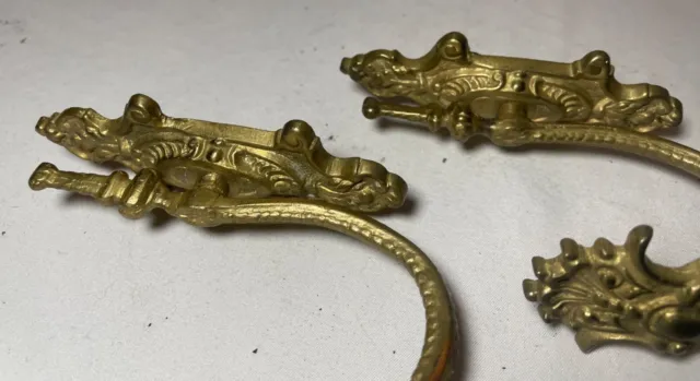 antique ornate Victorian gold gilded bronze curtain rod holder tiebacks brackets 7