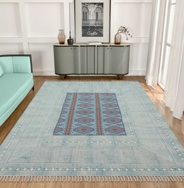 Natural Cotton Blue Dhurries Handmade Bedroom Area Rug Living Room Décor Carpet