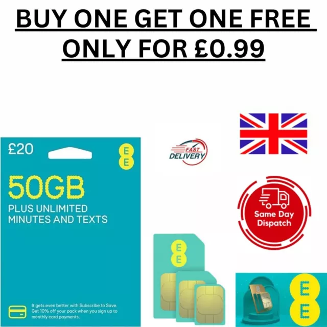 NEW EE 50GB SIM Card PAYG Nano/Micro/Standard TRIO SIM CARD Pay As You Go UK