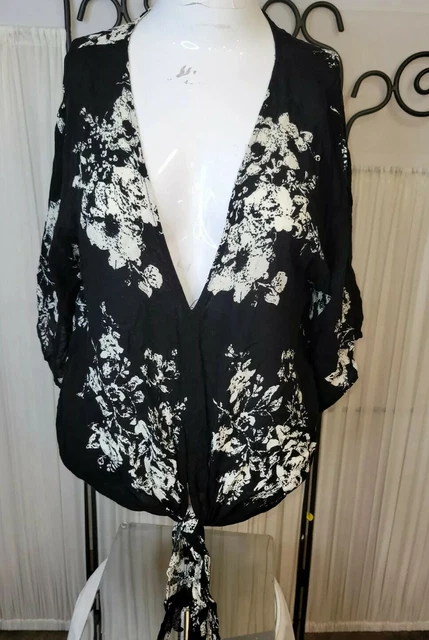 Lovestich size S womens top blouse deep v-neck floral front tie bow knot