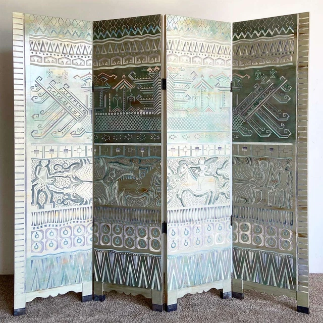 Chinese Hand Carved and Painted Native Tribal Room Divider - 4 Panels