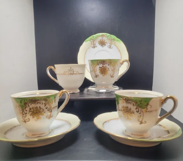 Ucagco Green Gold Trim Demitasse Cups Saucers 8 Piece Set Made In Occupied Japan