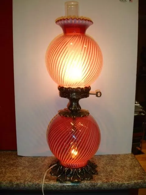 Fenton Brand New In Old Stock Cranberry Swirl Opalescent Gwtw Lamp