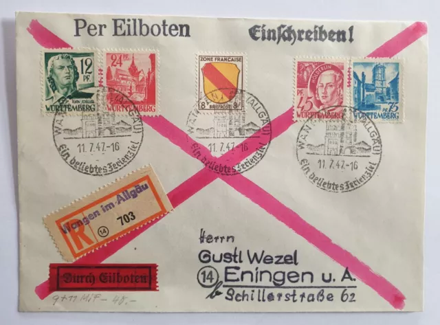 R - Eins. Brief mit 5 Marken mit Mi.Nr. 9 + 11 - MiF - Wangen nach Eningen 1947