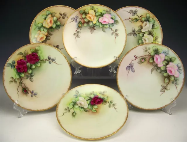 6 Silesia Germany Hand Painted Roses Dessert Plates