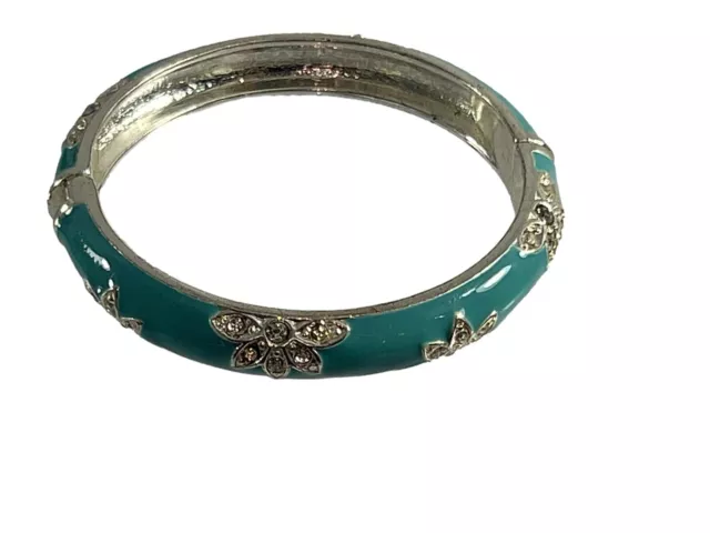 Blue Enamel Hinged Bangle Bracelet Rhinestones Flowers Silver Tone 2.5" Across